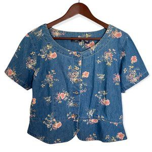 VINTAGE Cropped Denim Floral Button Down Peplum Top Size Large